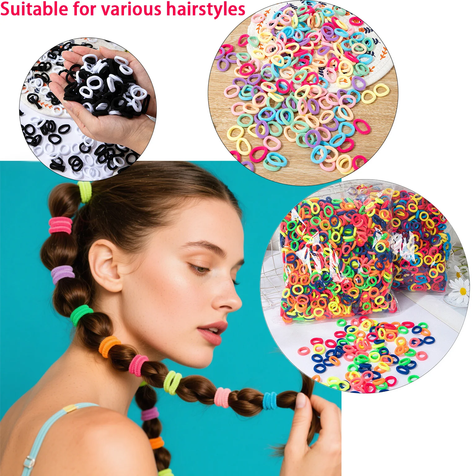 1000Pcs Colorful Basic Nylon Ealstic Hair Ties for Girls Ponytail Hold Scrunchie Rubber Band Kid Fashion Hair Accessories