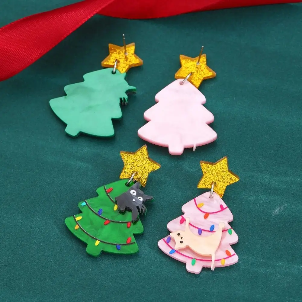 Sweet Acrylic Material Cat Earrings Cute Shape Cartoon Style Christmas Earrings Vivid Print Tree Earrings Christmas
