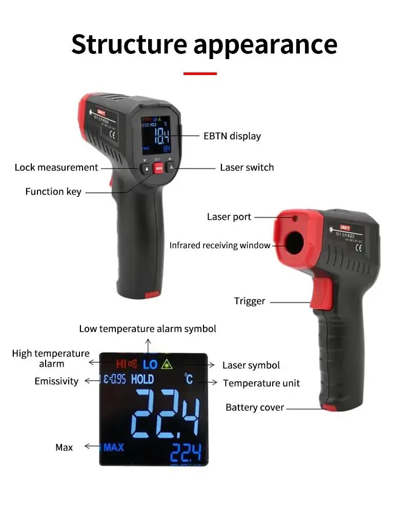 UNI-T UT306C Digital Infrared Thermometer Industrial Non-contact Laser Temperature Gun Meter -50-500