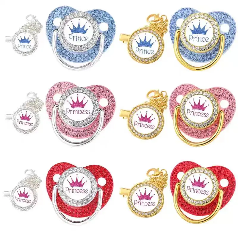 New Diamond Princess Prince Crown Pacifier Photography Accessories 0-3 Years Baby Pacifier with Chain Clip