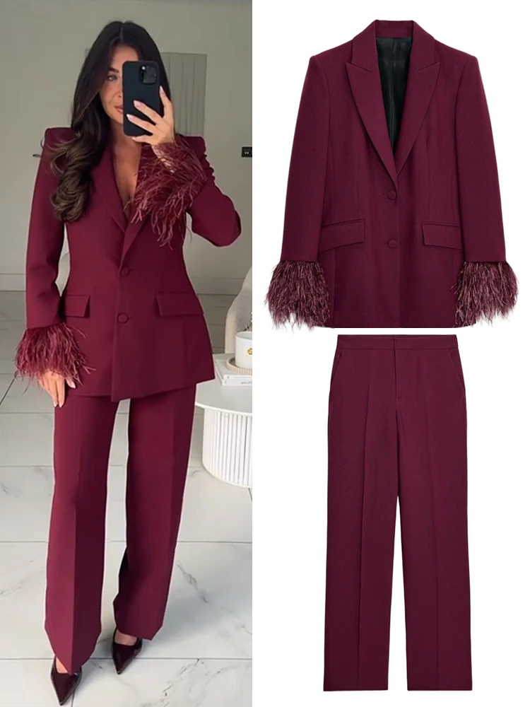 أزياء الصلبة مطوي السراويل الطويلة مجموعات للنساء كم كامل الخامس الرقبة بلوزة واحدة الصدر واسعة الساق السراويل سيدة 2 قطع مجموعات #1