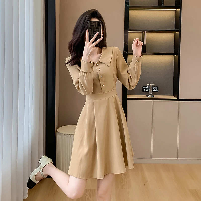 Spring and Autumn new women's doll collar French coffee color long-sleeved commuter casual dress high-waisted A-line skirt