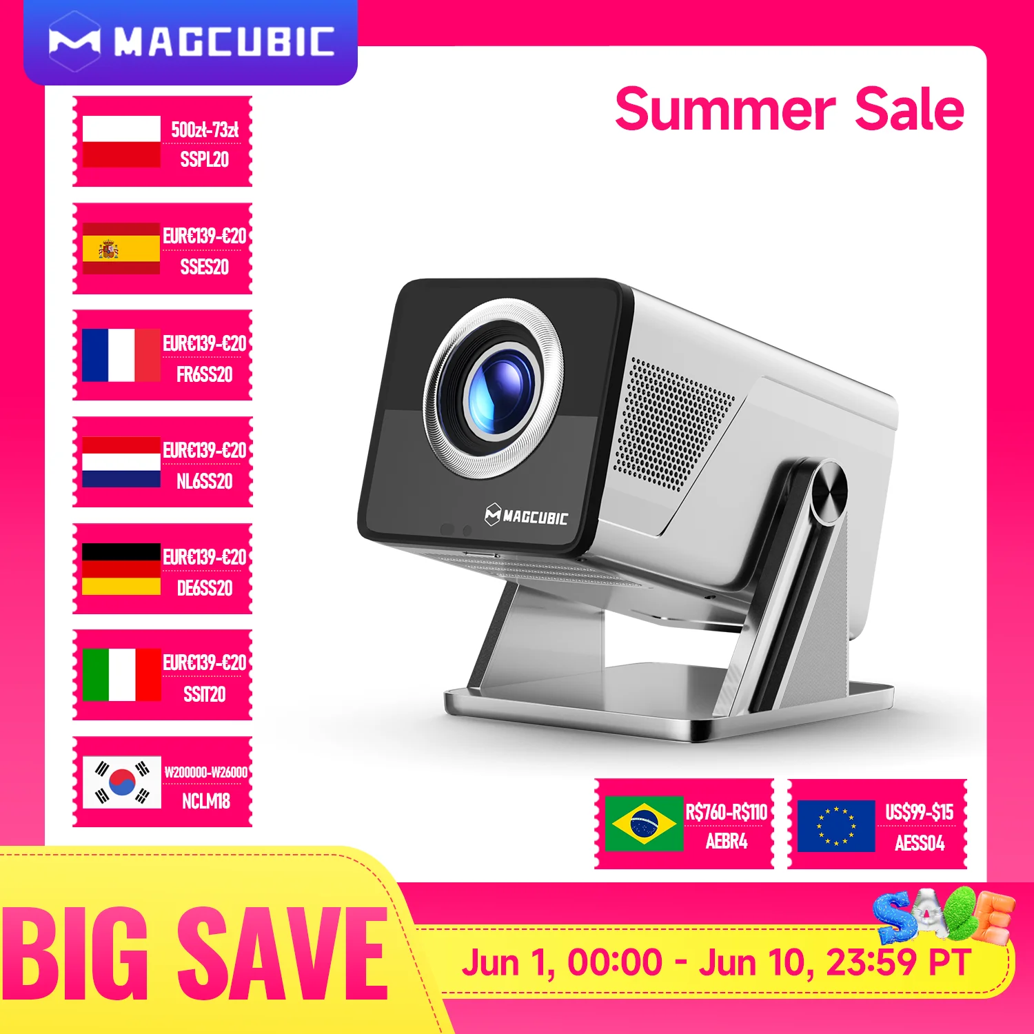 Magcubic 8K HD 1080P Projector 1000ANSI X7 with 5W Speaker Android 14 WiFi6 BT5.4 Outdoor Video Home Theater Support