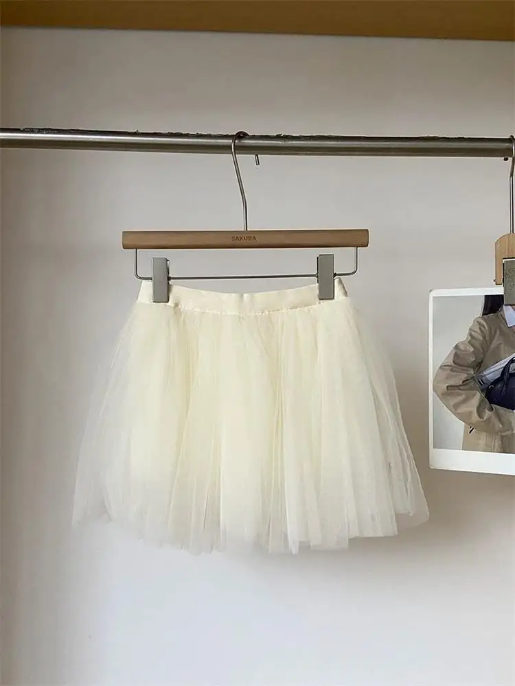 Ballet Style Sweet Apricot Tulle A-Line  Skirt Women Spring Anti-Aging Princess Short Skirt High Waist Casual Elastic Waist