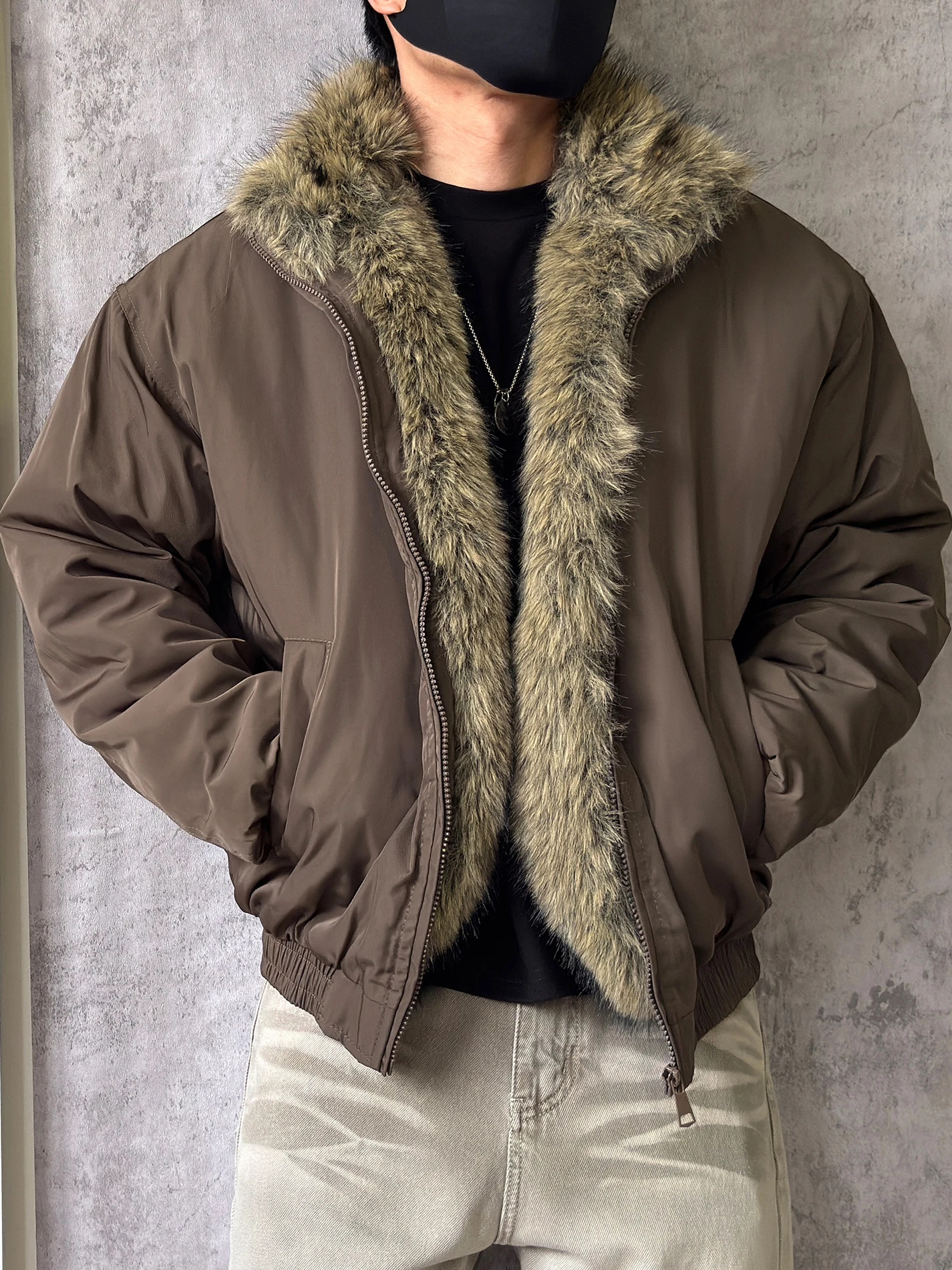 

Мужская куртка из утепленного хлопка с меховым воротником, американский стиль, воротник-стойка, с изображением горного орла, теплая зимняя одежда...