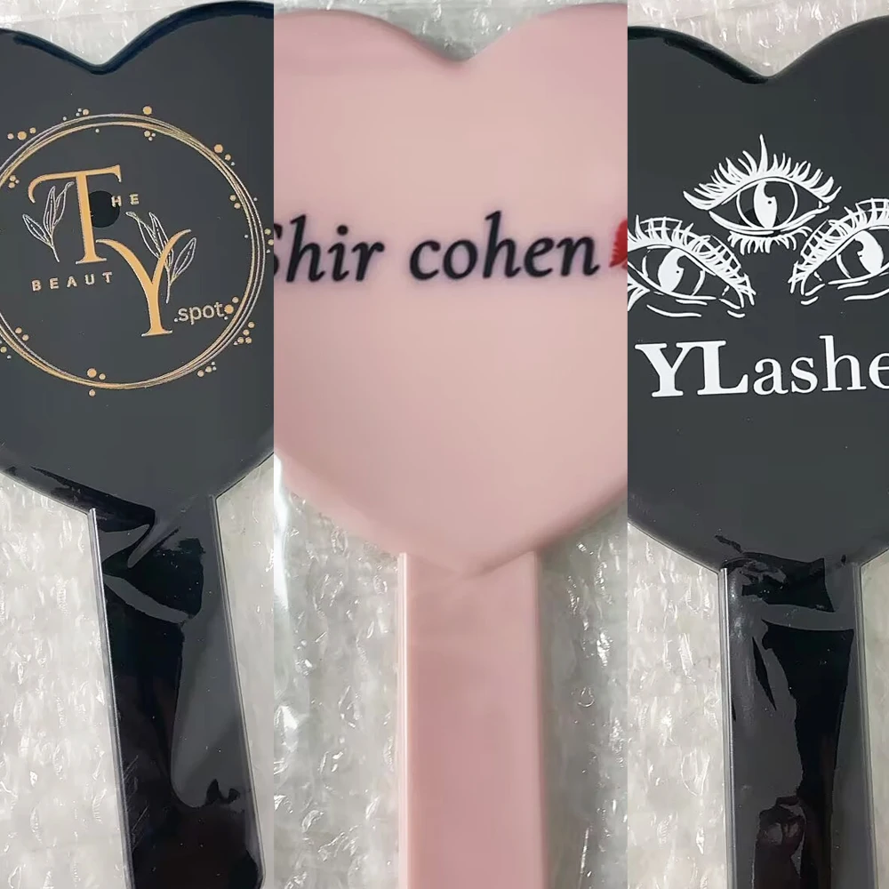 Custom Logo Personalized Heart Shape Handle Mirrors Pink Black White Hand Held Mirror Wig Specilist Lash Artist Makeup Tools