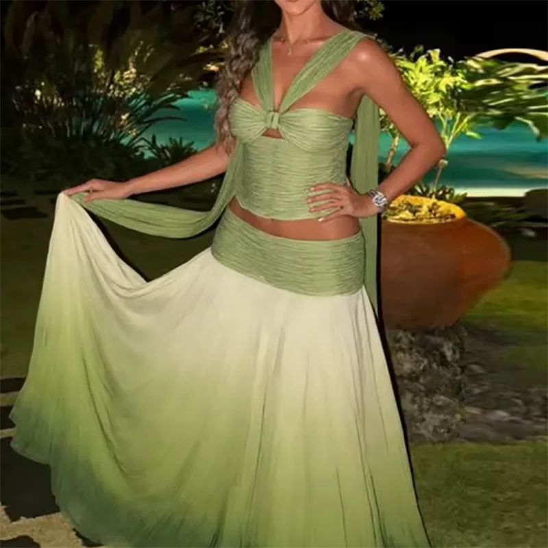 Nice Fashion Gradient Off Shoulder Women's Outfits Leisure Backless Holiday Set New Summer Sleeveless Top + Pleated Skirt Party