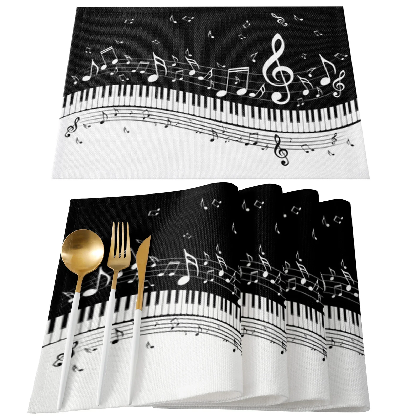 4/6pcs Set Piano Keys And Musical Notes Table Mat For Dining Table Kitchen Accessories Linens Placemat Tea Coaster Pads