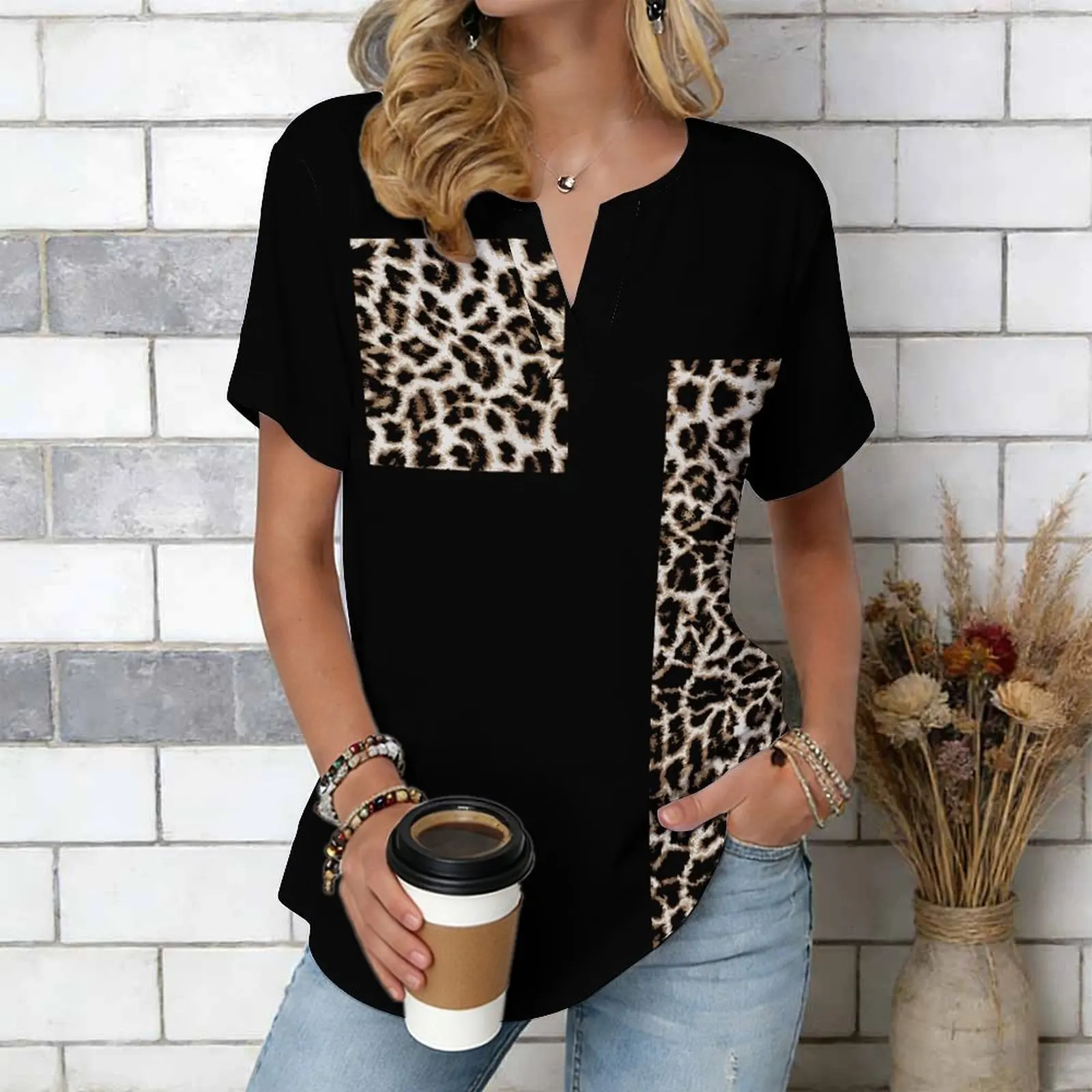 Women Print Notched V Neck Short Sleeve Casual Loose Tunic Tops