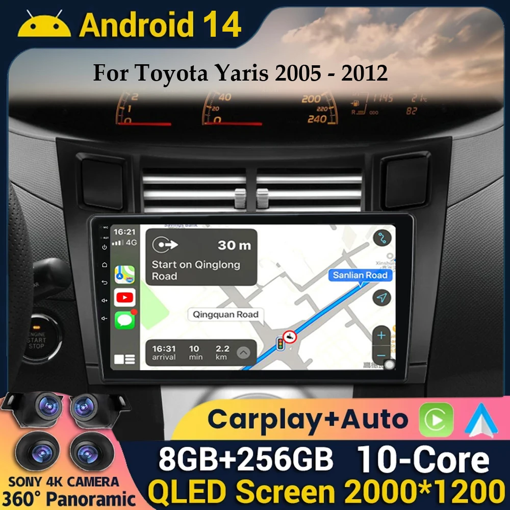 Android 14 Carplay Auto Car Radio Multimedia Player For Toyota Yaris 2005 2006 2007 2008 2009 2010 2011 2012 GPS Stereo WIFI+4G