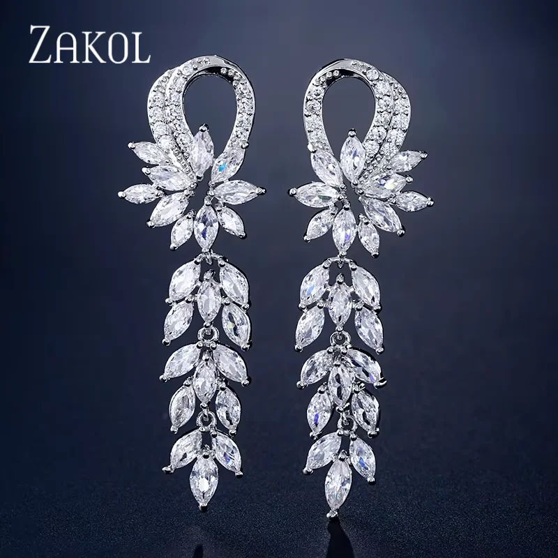 ZAKOL Fashion Water Drop Zircon Dangle Earrings For Women Luxury White Leaf Drop Earrings Bridal Wedding Party Jewelry