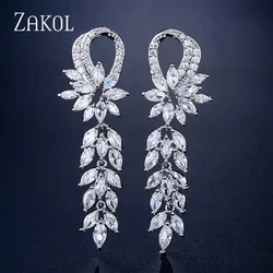 ZAKOL Fashion Water Drop Zircon Dangle Earrings For Women Luxury White Leaf Drop Earrings Bridal Wedding Party Jewelry