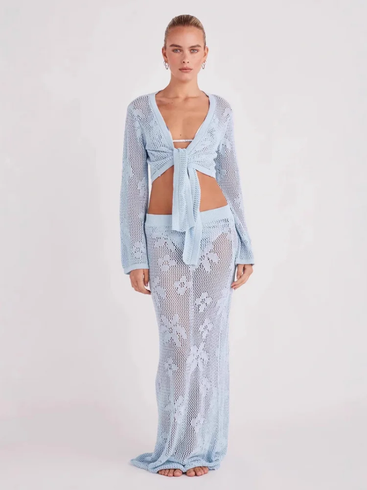 

Sexy Hollow out Long Sve Knitted Two Piece Set ort Top Beach Coast Faion Skirt Trendy Ensemble Polyester Fabric Summer...