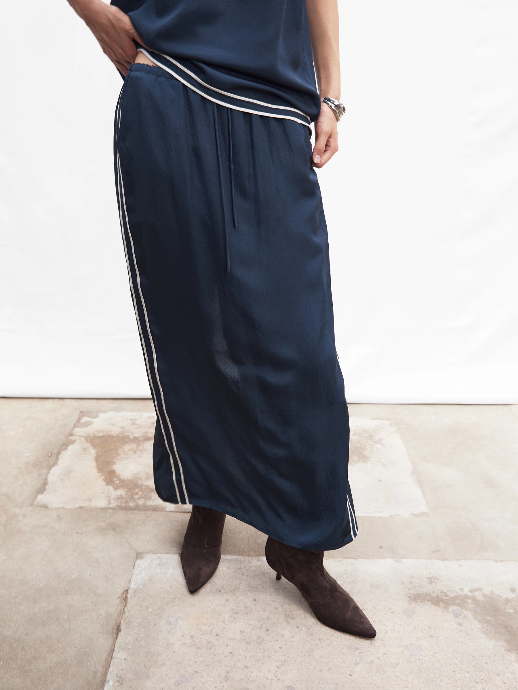 SHKUCO Silky Satin Low Waist Adjustable Waist Long Half Skirt Acetate Fiber Asymmetrical Hemline Straight Cut Summer New Arrival