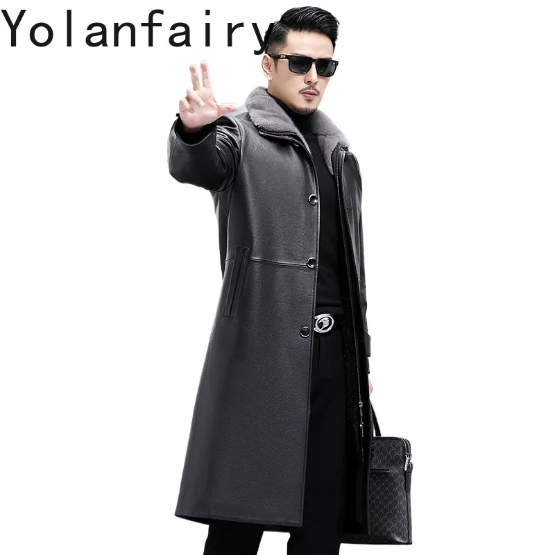 

YOLANFAIRY 100% Natural Cowhide Genuine Leather Jacket Men Winter Long Trench Coats Detachable Mink Fur Liner Coat Man Warm 2025