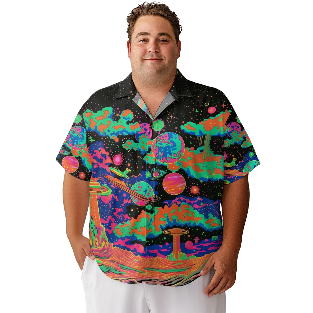 

2024 new Men's shirts plus size The mushroom cloud of a cosmic planet explosion printed clothing casual short-sleeved