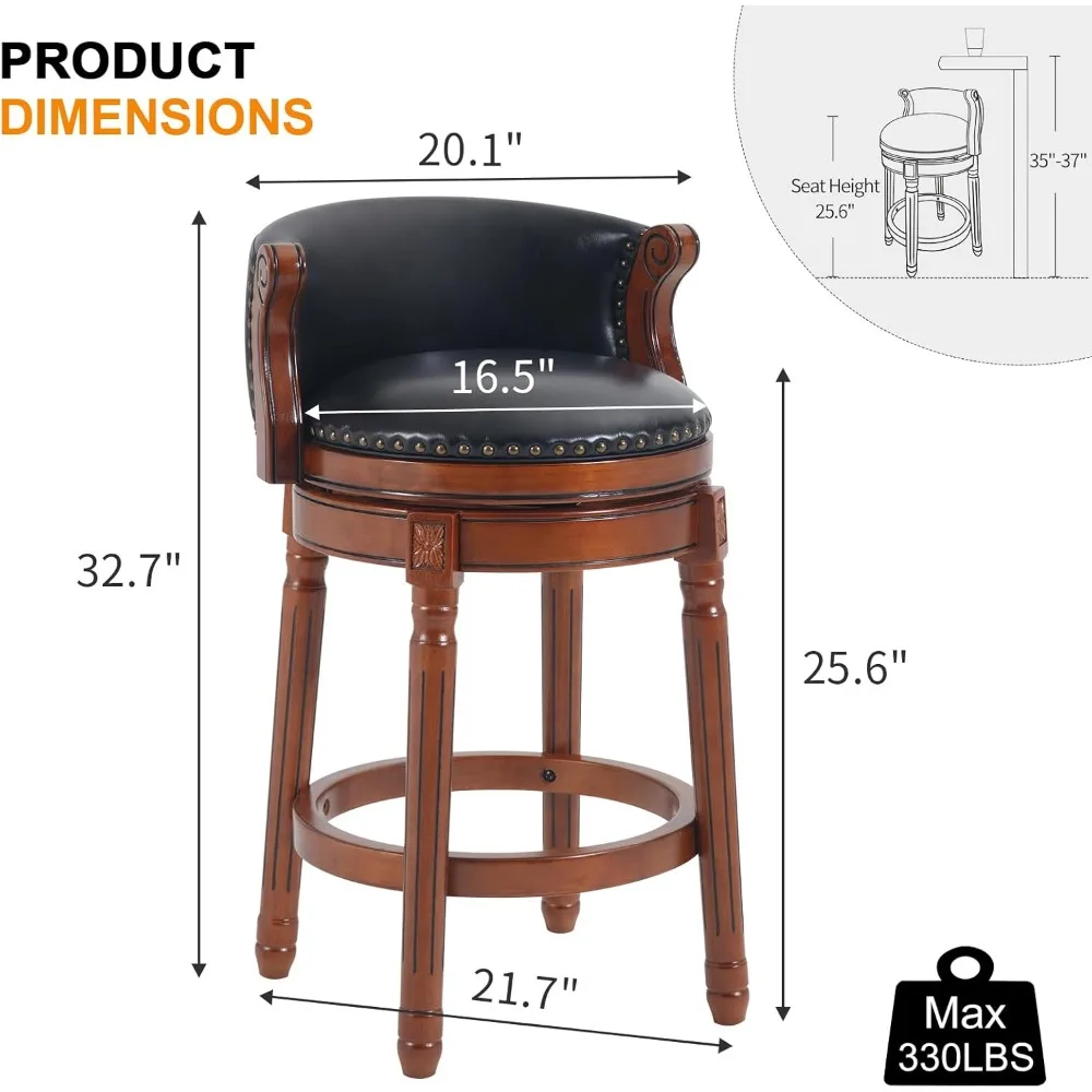 Leather-Cushioned Swivel Bar Stools with Backrest and Footrest, Rubberwood Counter Height for Home and Kitchen Use