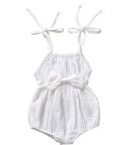 Baby Girls Summer Bodysuit Solid-Color Tied Spaghetti Strap Sleeveless Romper with Waist Bowknot for Toddlers