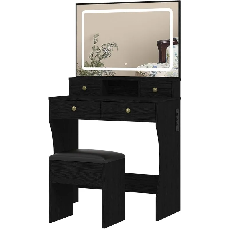 

Vanity Table Set with Large LED Lighted Mirror, 4 Drawers Vanity Desk with Adjustable 3-Color Modes Light, Power Hub, and