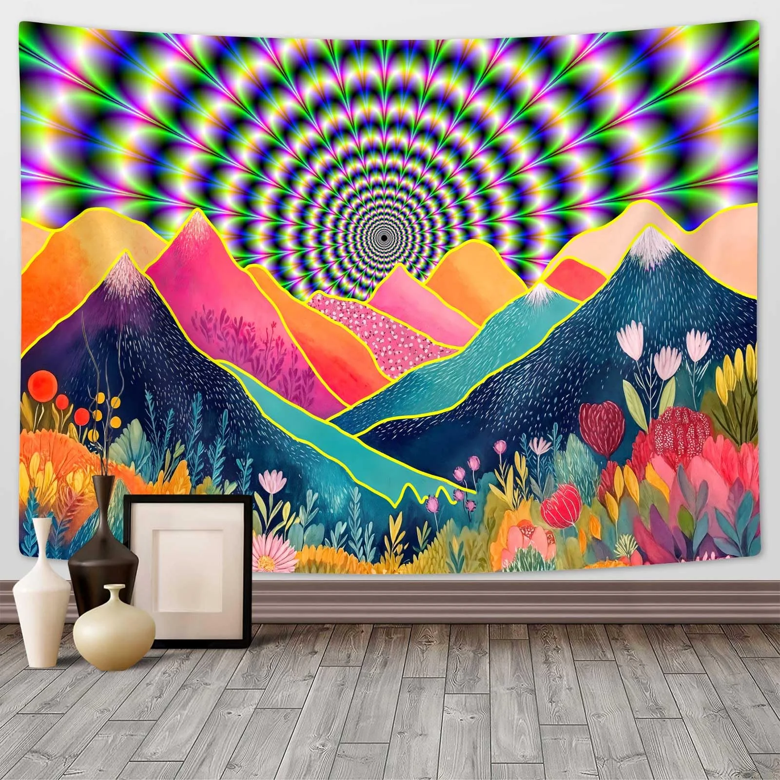 VIKAMA Psychedelic Mountain Cactus Tapestry Trippy Abstract Landscape Boho Wall Art for Bedroom Dorm Hippie Decor