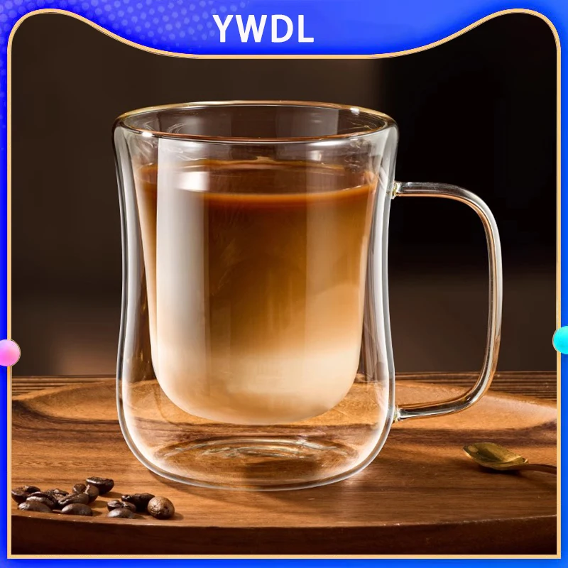 

YWDL 1/2/4PCS Double Wall Glass Cup Clear Coffee Mug With Handle For Hot Cold Beverage Milk Juice Drinkware Set 220/300/400ml