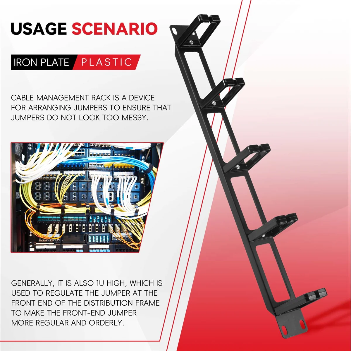 L62A19 Inch 1U Rack Cabinets Cable Management Network Organizer Hollow Metal Base Five Ring Detachable Wire Manager Frame