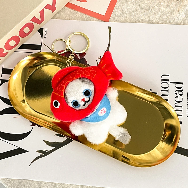 Soft Cartoon Cat Stuffed Doll Keychain; Plush Taiyaki Headgear Toy; Lovely Car Key Ring; Kids' Backpack Bag Decor Gift
