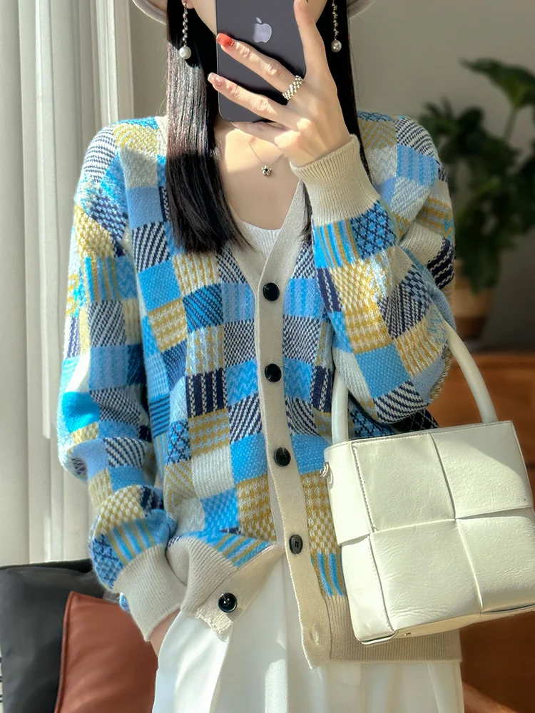 ADDONEE Autumn Winter Women Cashmere Sweater V-neck Plaid Colorful Cardigan 100% Merino Wool Knitwear Korean Popular Clothing