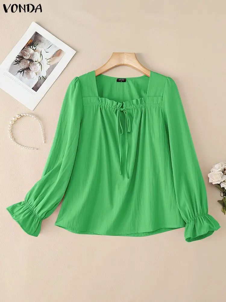 

Осенняя блузка-туника 2025 VONDA, женские однотонные элегантные корейские рубашки с длинным рукавом, модные повседневные офисные женские топы с квадратным воротником