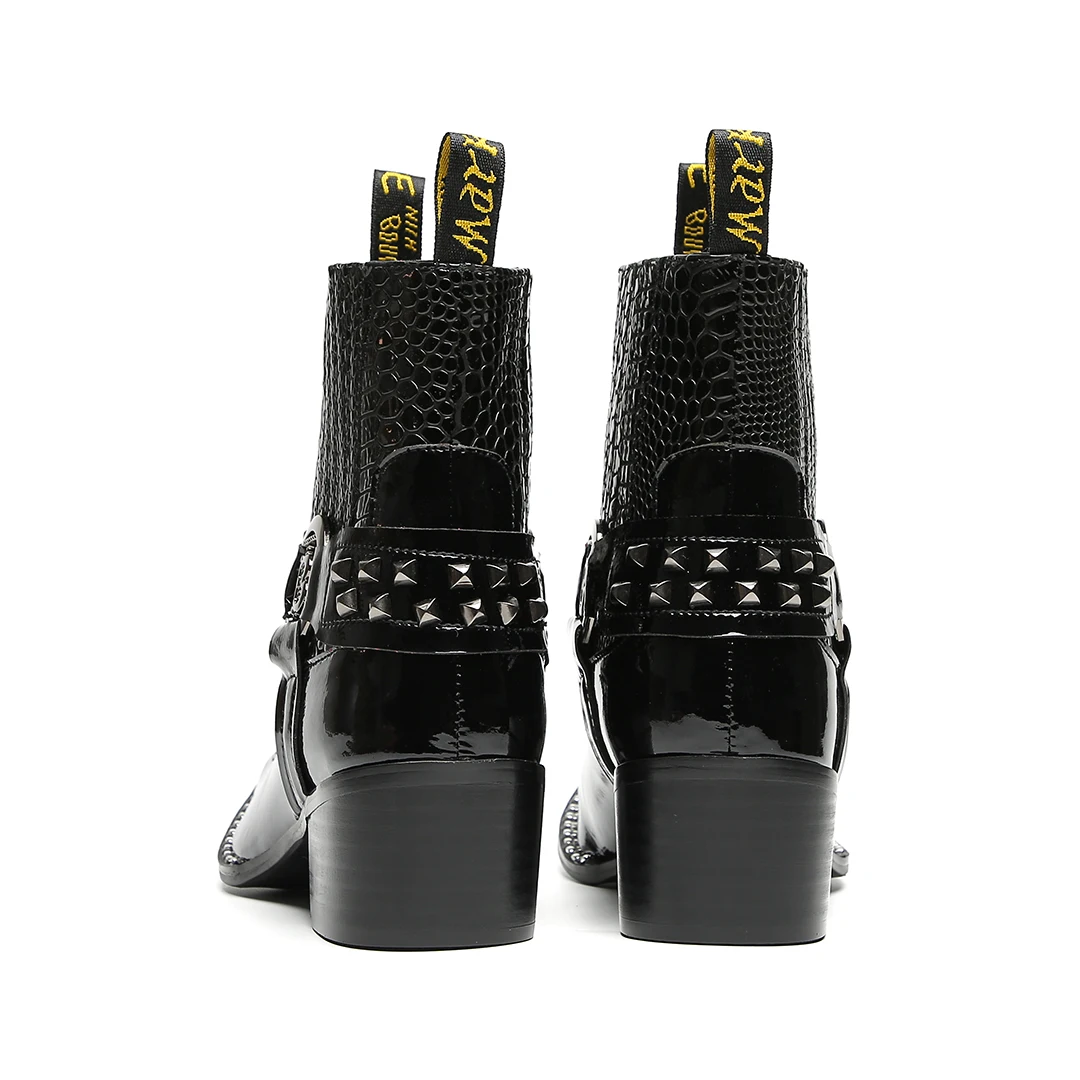 Schwarze Herren-Stiefeletten aus Schlangenleder mit Nietenbesatz, Blockabsatz, auffälliges Design, modische Schuhe für Bars, Bühnen, Streetwear und besondere Anlässe. – Detail 8