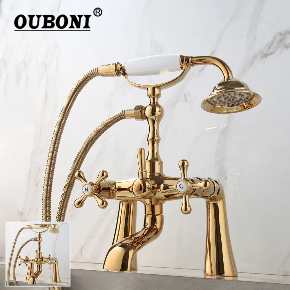 

OUBONI Antique Brass Bathtub Mixer Tap Faucet Deck Mounted Dual Handles Matte Black Gold Plated Bathroom Basin Sink Shower Set