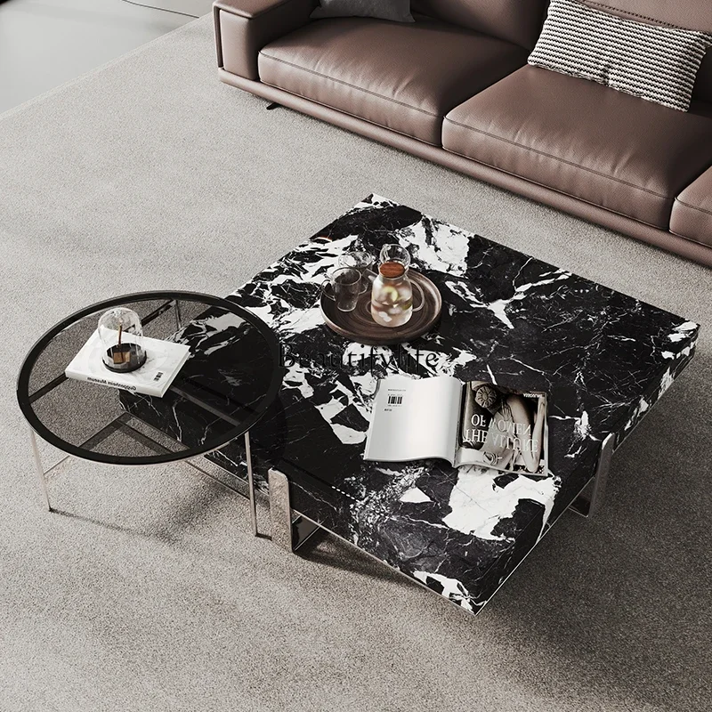 

FG40Italian minimalist black and white rock slab square coffee table