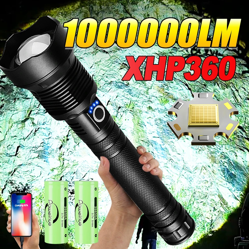 2025 1000000LM Super XHP360 High Power Led Flashlights Rechargeable Tactical Flashlight Telescopic Zoom Torch Powerful Hand Lamp