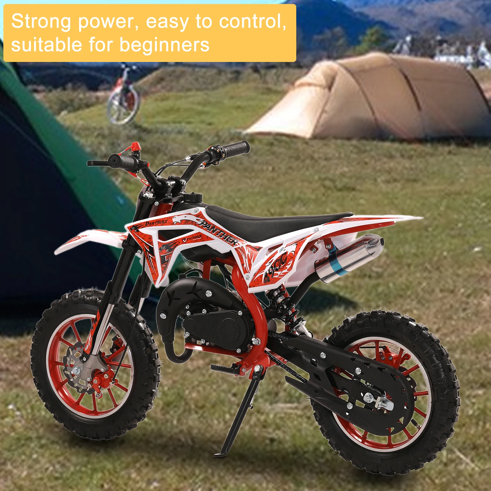 49cc 2-Stroke Dirt Bike, Gas Power Motocross, Pocket Motorbike with Front Rear Disc Brakes, Racing Max Speed 40KM/H (Red)