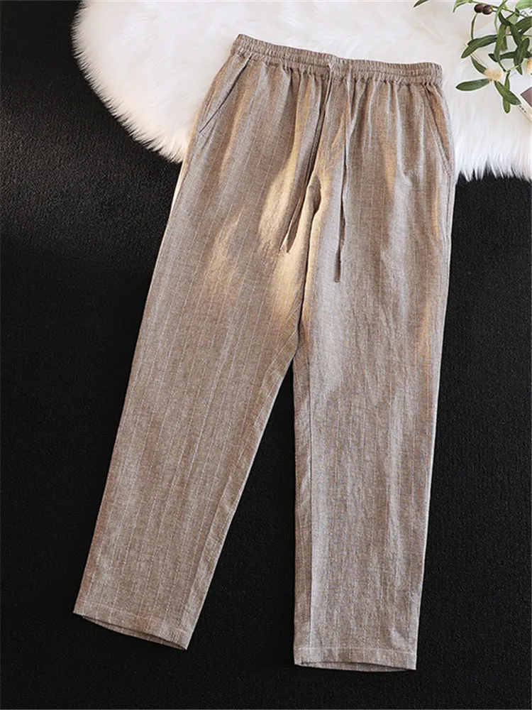 

Men's Summer Thin Nine-Piece Casual Linen Pants Loose Cotton Linen Straight Leg Pants Trendy Vintage Striped Pants