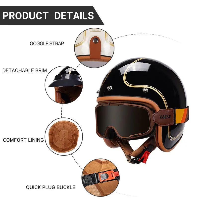 Open Face Motorcycle Helmet Jet Helmet for Men Women Adult Retro Vintage 3/4 Racing Helmets for Scooter Cruiser Moped Pilot DOT