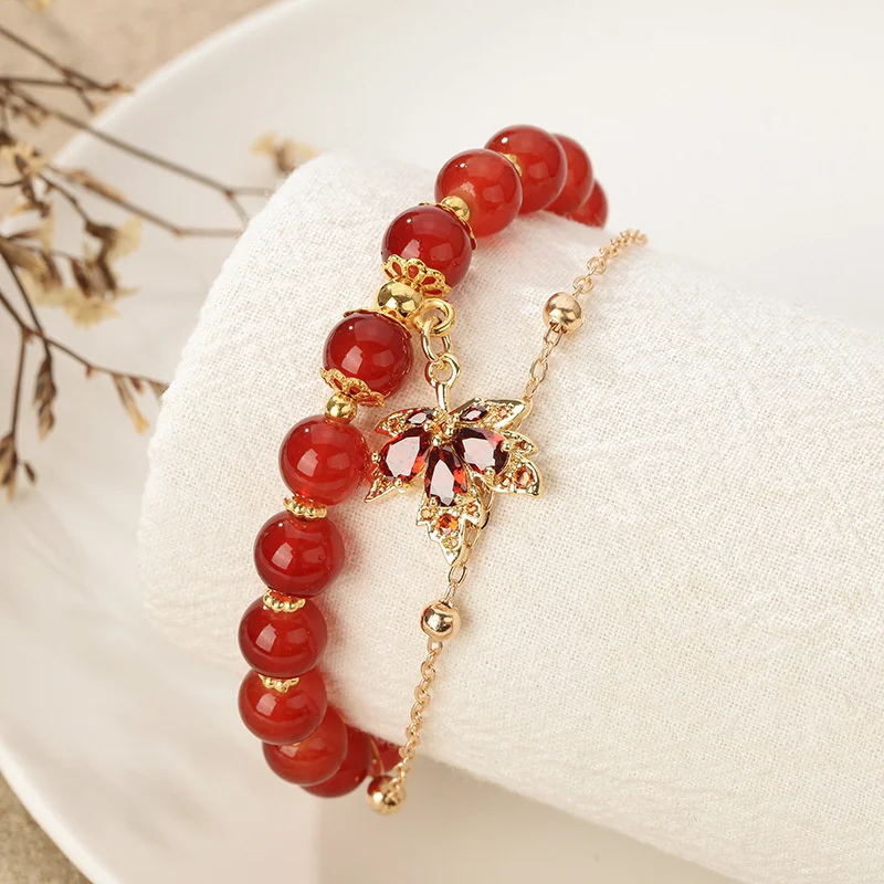 Retro Red Crystal Beaded Bracelet for Women Light Luxury Rhinestones Maple Leaf Pendant Bracelet Student Friendship Jewelry Gift