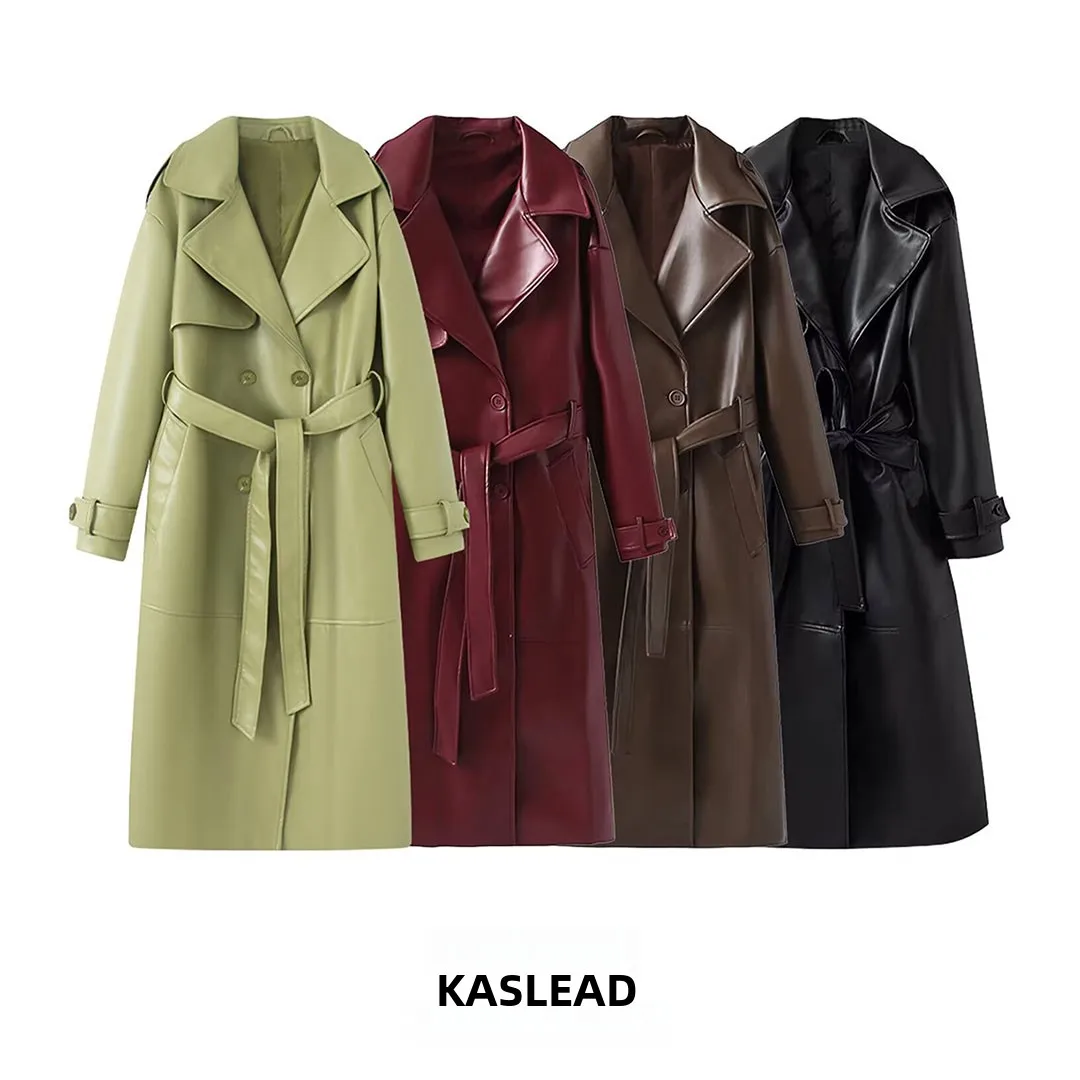 

KASLEAD New Faionable Simple Pure Color Long Leather Windbreaker Jaet Women's Street Sle Loose Fit Regular Sve Length