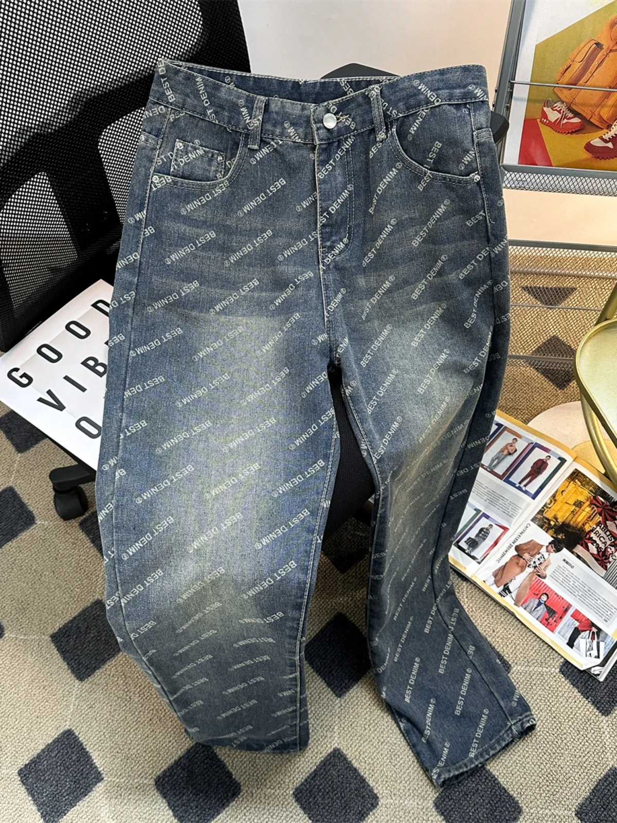 

Trendy Summer Men's Jeans Casual Waed Wide Leg Loose Straight Cut Denim Pants Street Sle High Waist Long Trousers