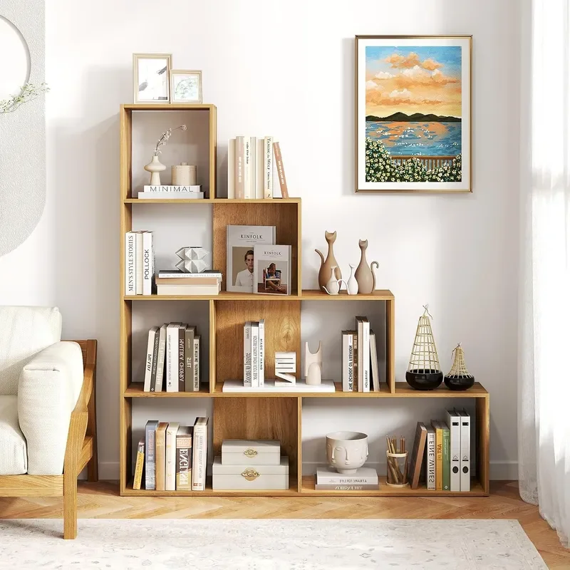 4-Tier Stepped Bookshelf Freestanding 6 Cubes Ladder Bookcase with Anti-Tipping Kits 64 Inch Tall Modern Wooden Storage