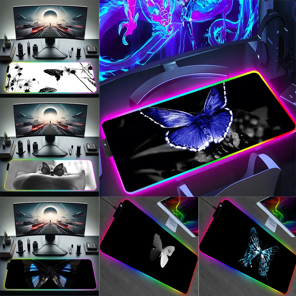 Black Butterfly RGB Pc Gamer Keyboard Mouse Pad Mousepad LED Glowing Mouse Mats Rubber Gaming Computer Mausepad