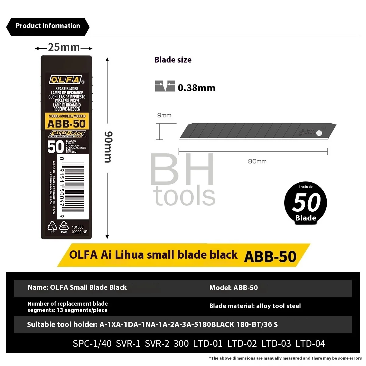 6pcs Japan  OLFA ABB-50 0.38mm All-purpose Blades 9MM Width High Quality Black Blades Sharp and Durable Replacement Blades