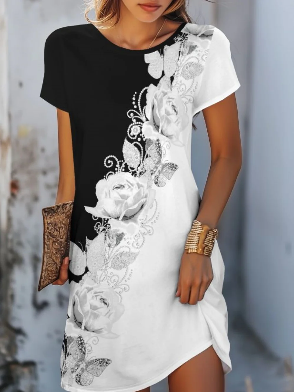 Elegant Floral Pattern Women's Clothing Street Fashion Short Sleeve Dess Shoulder Round Neck Design Women's Summer Dresses 2026