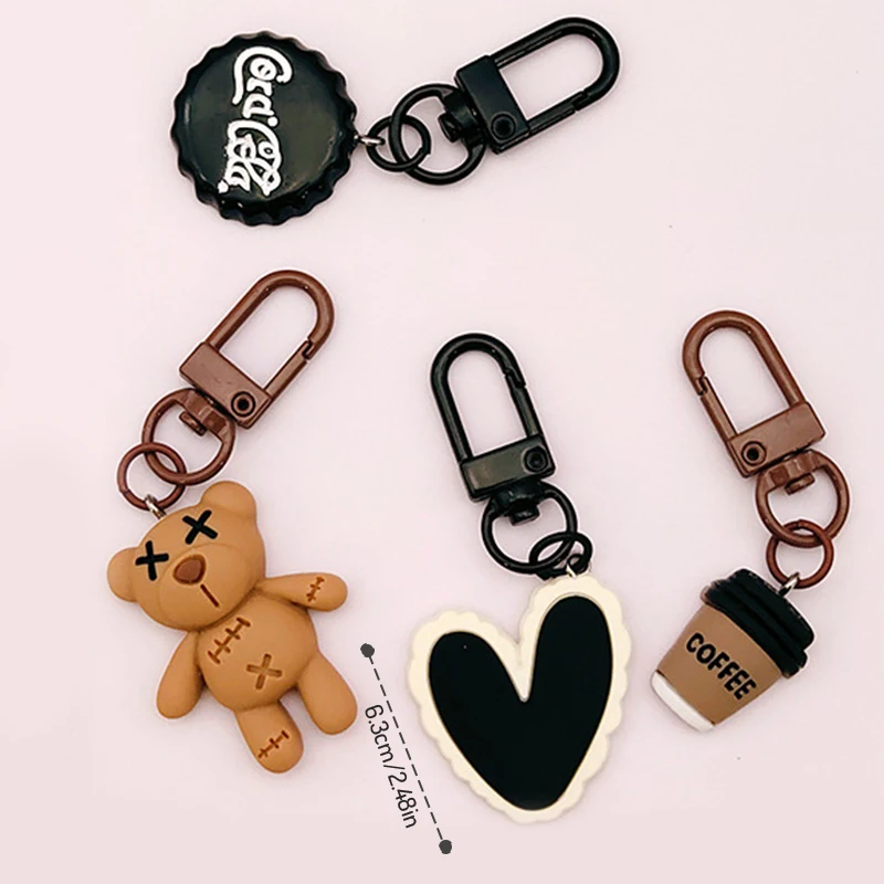 6.3cm/2.48in Cool Black Bear Key Chain Coffee Cup Bottle Cap Rabbit Pendant Car Key Ring Backpack Charms Bag Decor Accessories