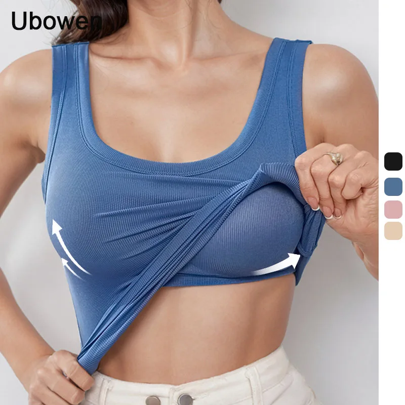 S-XL Plus Size Suspender Camisole Top with Cup Build-in Bra Threaded U-neck Wide Shoulder Strap Vest with Chest Pad Underwear