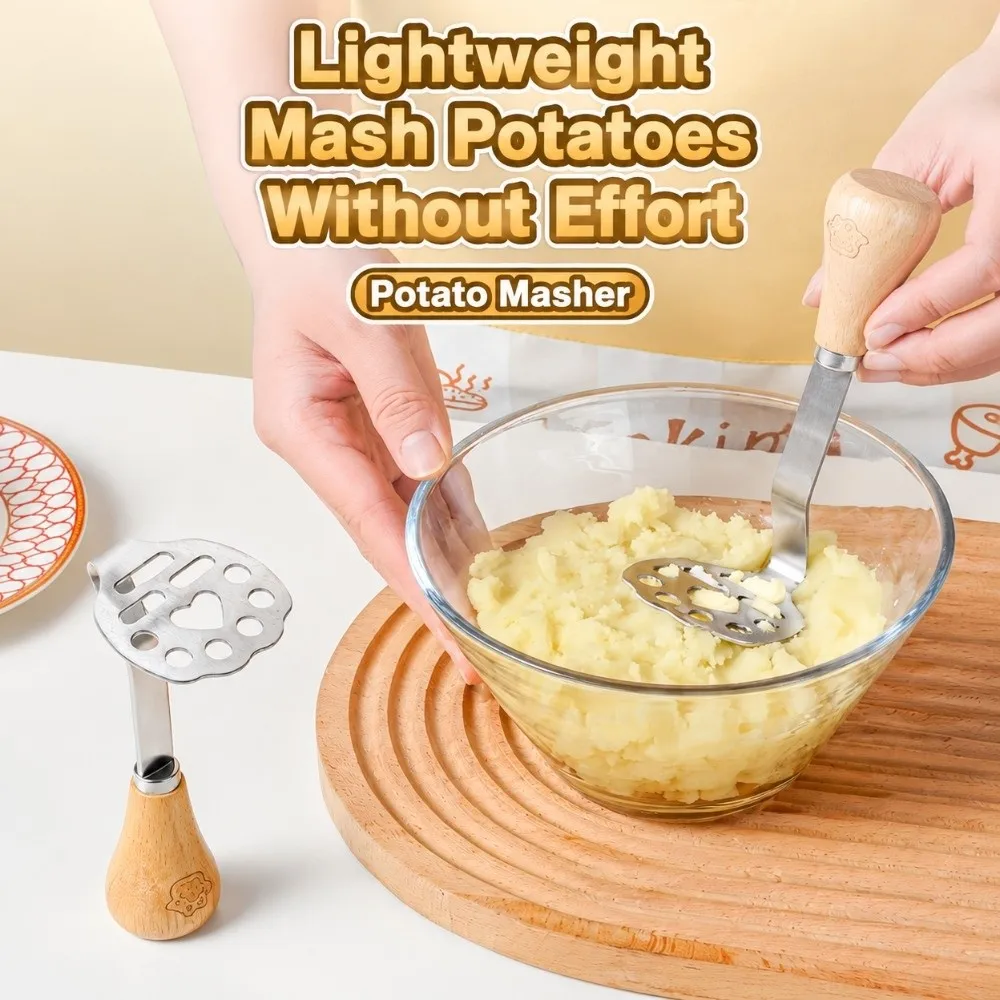 Stainless Steel Head Potato Masher Curved Shaft Hole Punched Plate Food Mashing Tool Ergonomic Grip Wooden Handle Fruit Crusher