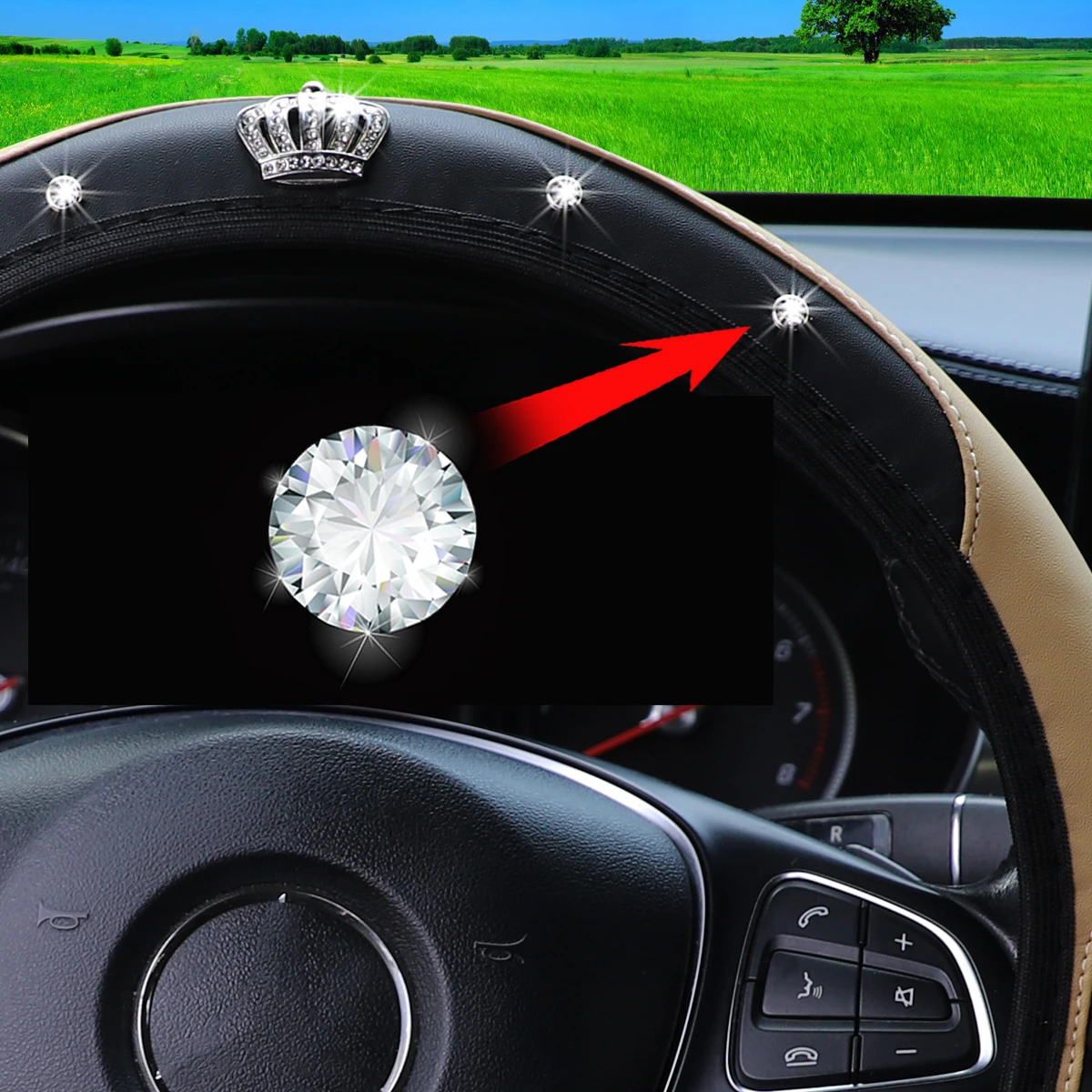 Leather Artificial Diamond Crown Car without Inner Ring Steering Wheel Cover Car Accessories Steering Wheel Size 14.5-15INCH