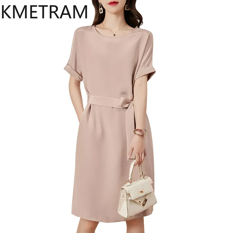 KMETRAM High-end Mulberry Silk Dress for Women Summer Mid-length Dresses Gentle Matte Powder Skirt Women's Clothing New in 2024