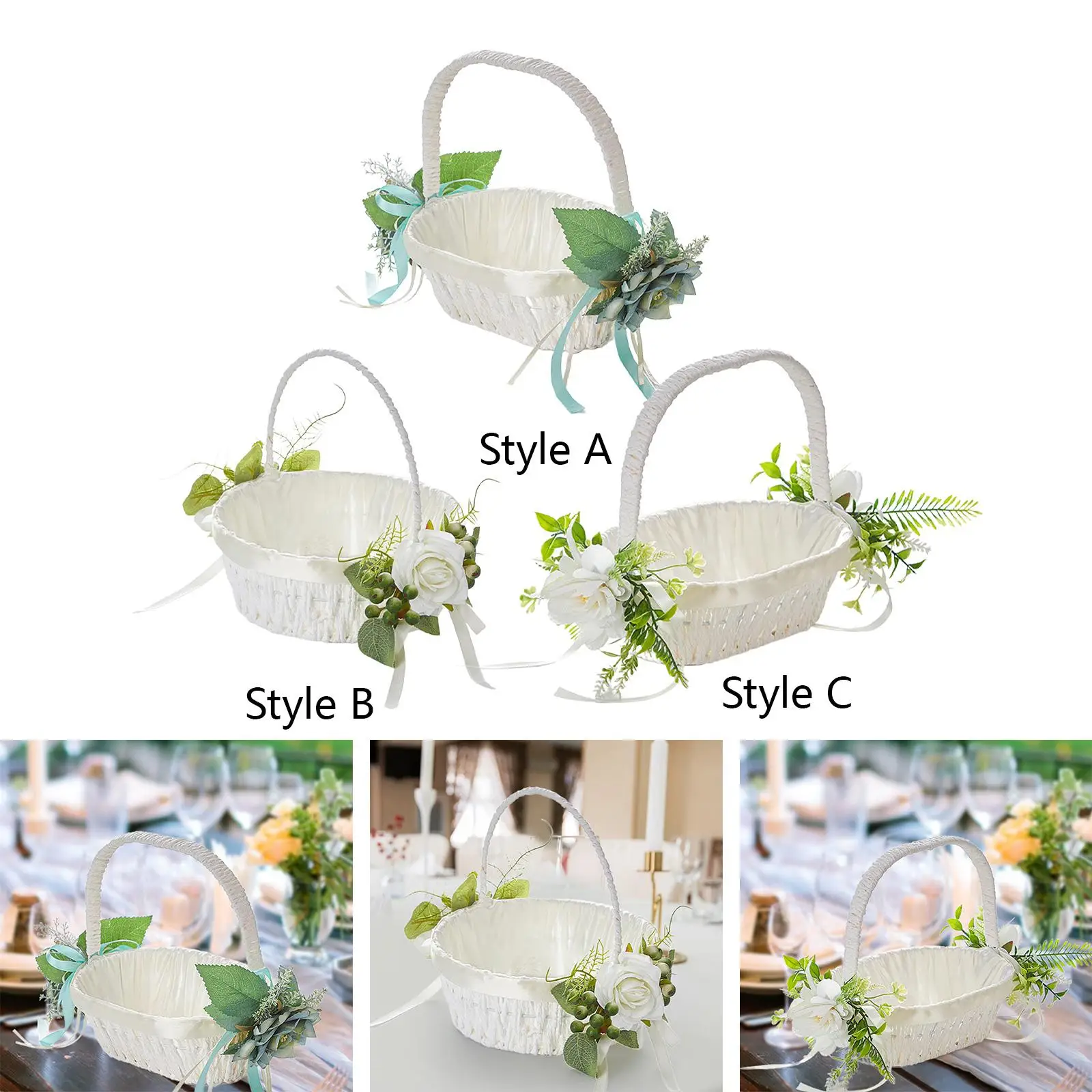 سلة فتاة الزهور لحفلات الزفاف، سلة من الدانتيل لوصيفات العروس، سلة زهور من الساتان للولائم وديكور حفلات الزفاف #3