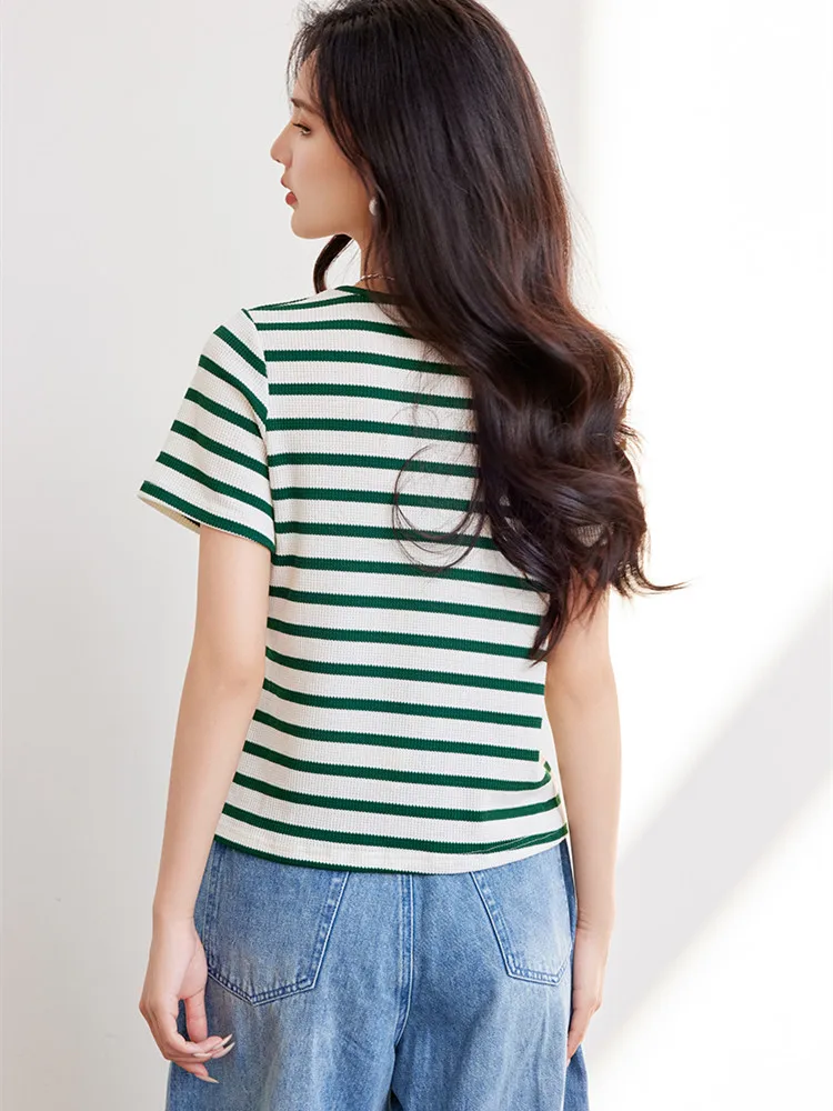 White Green Striped Summer Short Sleeve T-shirt Female 2024 Slim Knitted Pullovers Casual Womens Tops